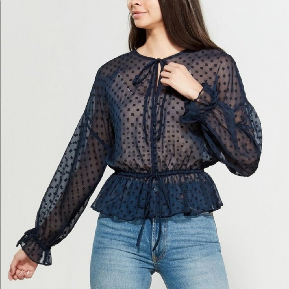 Walter Baker Theresa Georgette Navy Long Sleeve Blouse Size S